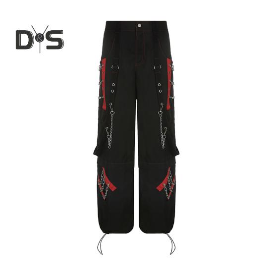 Women Pants High Waist Color Block Wide Leg Casual Trousers Loose Fit Retro Cool Long Pants Streetwear