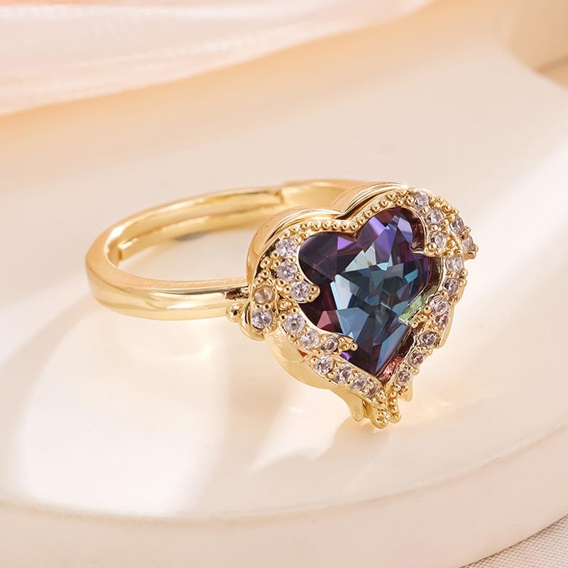 European and American Classic Light Luxury Retro Color Ocean Heart Open Ring Women's Trendy Ring Jewelry