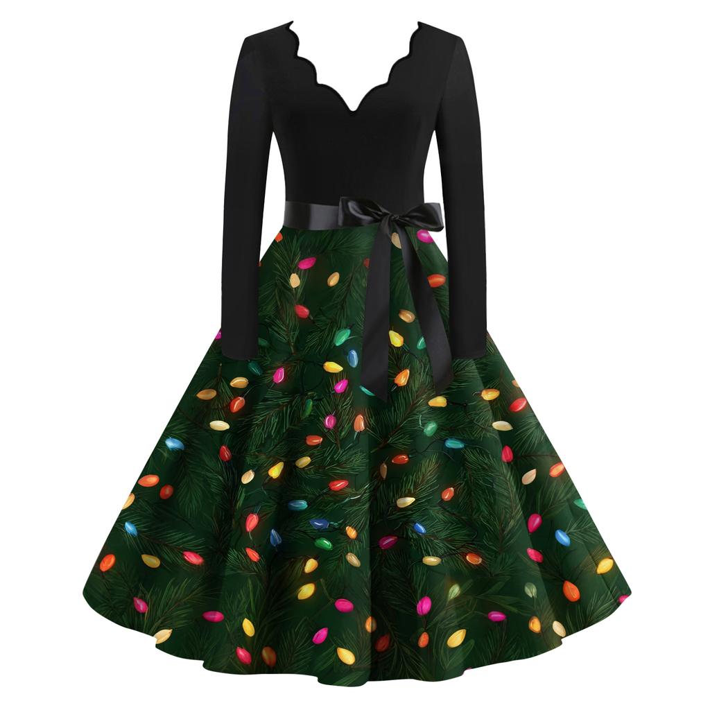 Damen Lässig Und Modisch V-Ausschnitt Langärmlig Weihnachten Bedrucktes Kleid