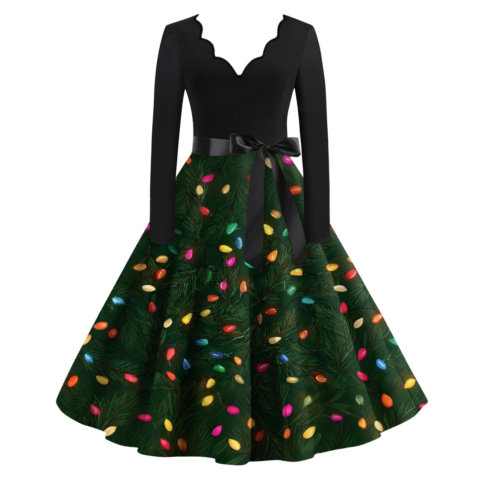 

Женское повседневное и модное платье с V-образным вырезом, длинными рукавами и рождественским принтом L