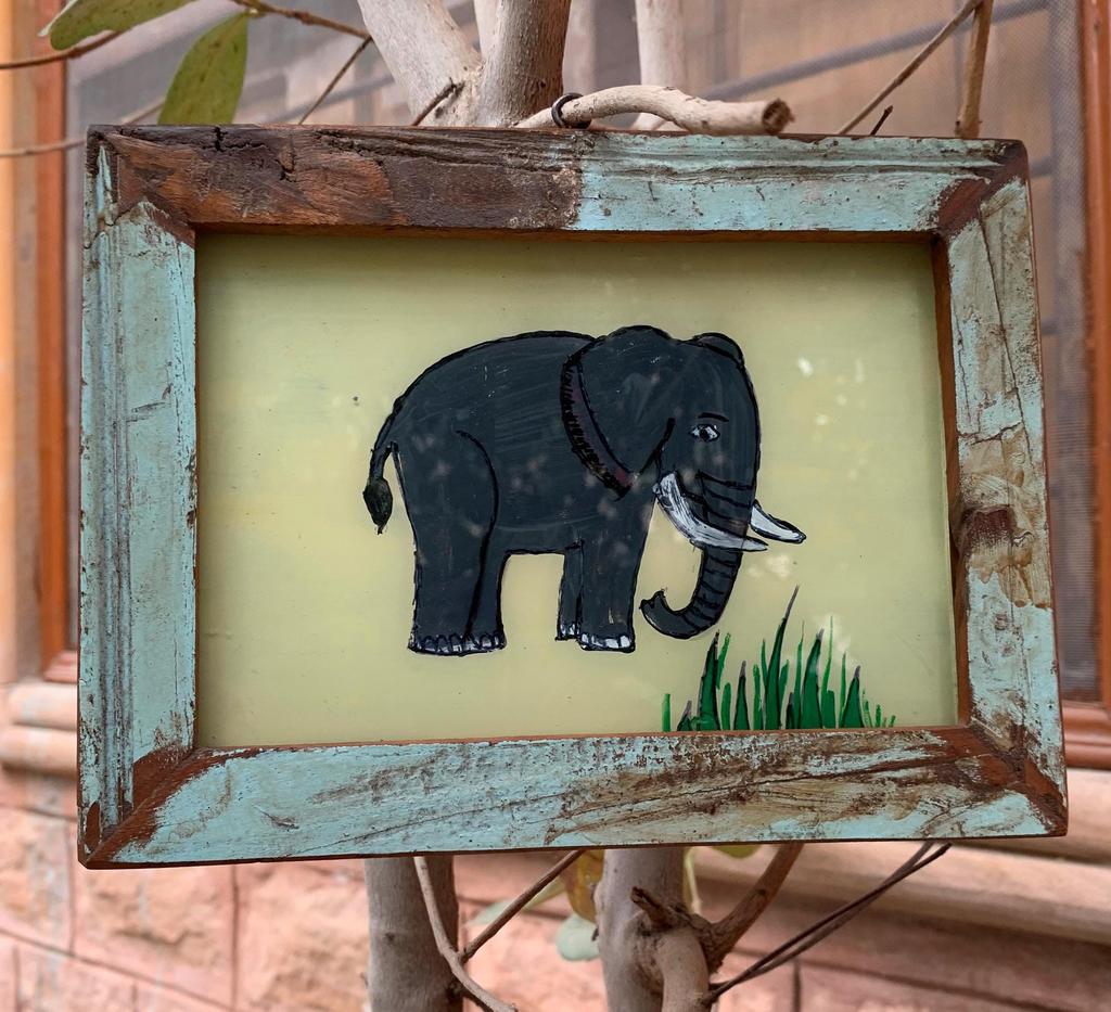Old Wooden Frame Elephant Glass Painting  Rustic Farmhouse Wall Decor