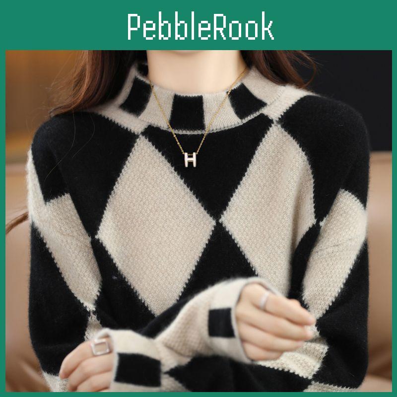 Pullover Damen Halbrollkragen 2022 Hoher Kragen Pullover Locker Gestrickt Damen Oberteil Kariert Langarm