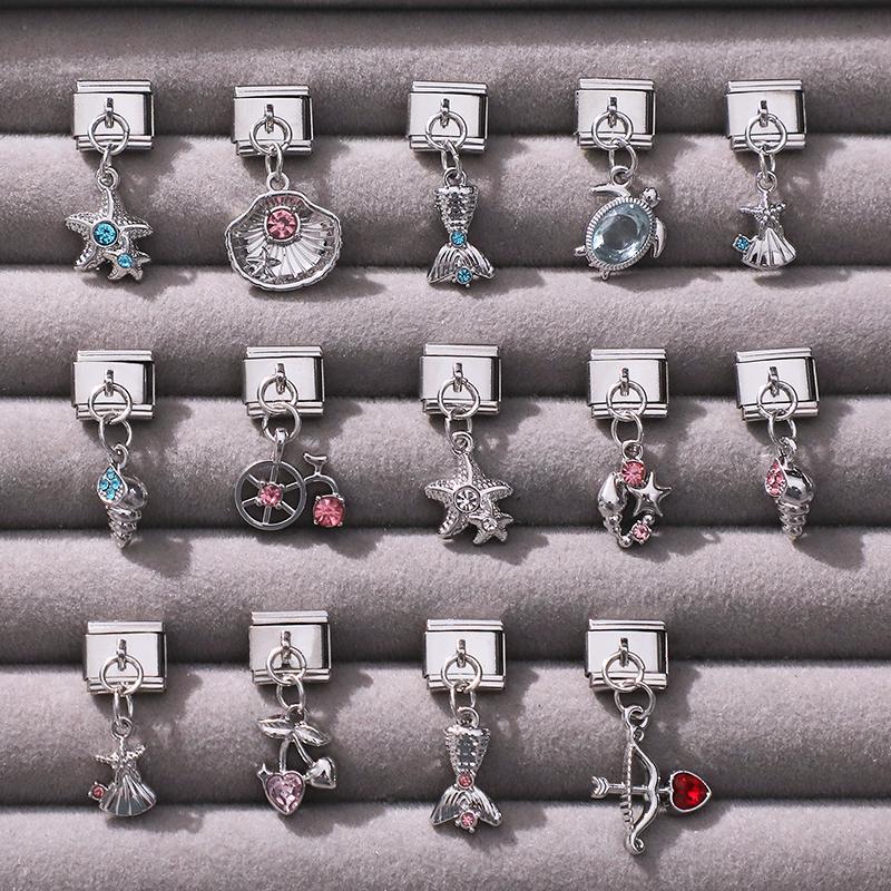 Zircon Turtle Starfish Conch Fishtail Cherry Pendant Italian Charm Links Fit 9MM Stainless Steel Bracelet Women DIY Making Gifts