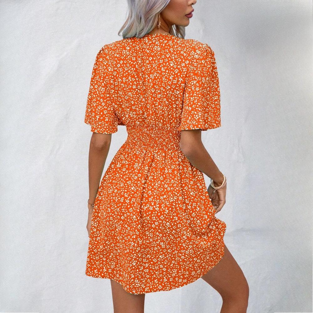 GMXIA Women's Summer V-Neck Midi Sleeve Printed High Waist Floral Pleated Dresses