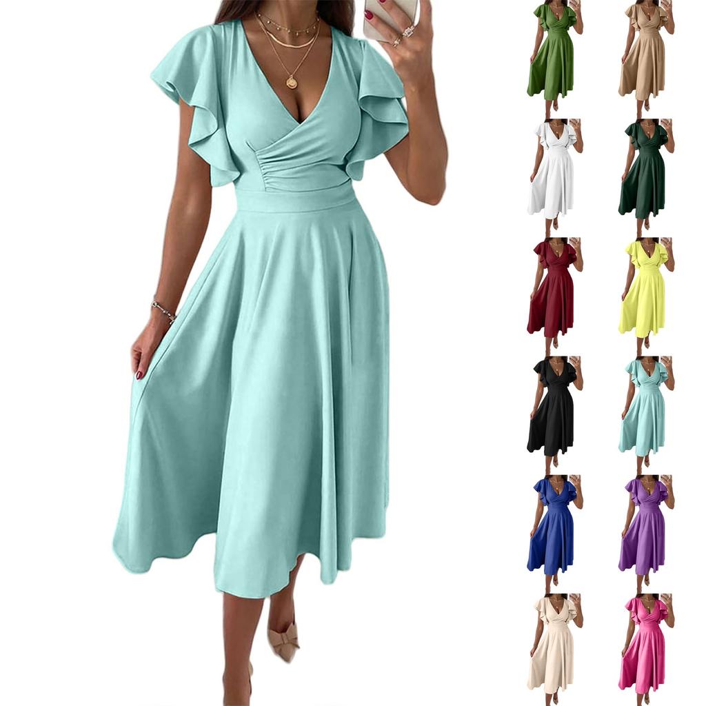 Fashion Ladies Ruffle Skirt Spring And Summer Low V-neck Waist Slim Sexy Dress