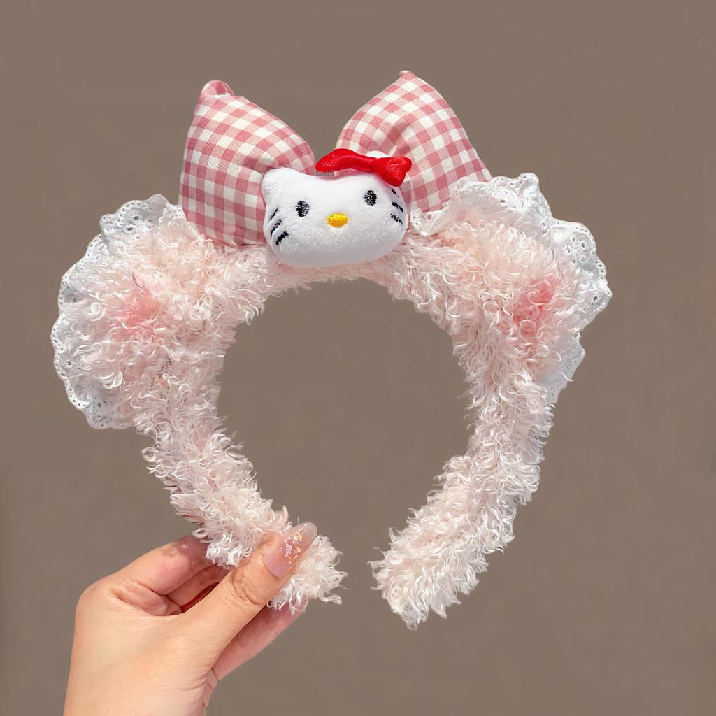 Cute KT Cat Bow Plush Headband for Women, Photo Hair Clip, High Top Headband, Face Washing Accessory