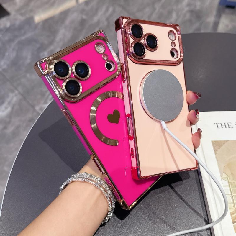 For For Iphone 17 Air Pro Max  Plating Love Heart Frame  Magnetic Phone Case For For Iphone 13 14 15 16 Plus Back Cover
