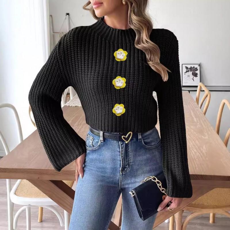 Womens Cropped Hand Crochet Sweater Floral Beaded Mock Neck Long Sleeve Streetwear