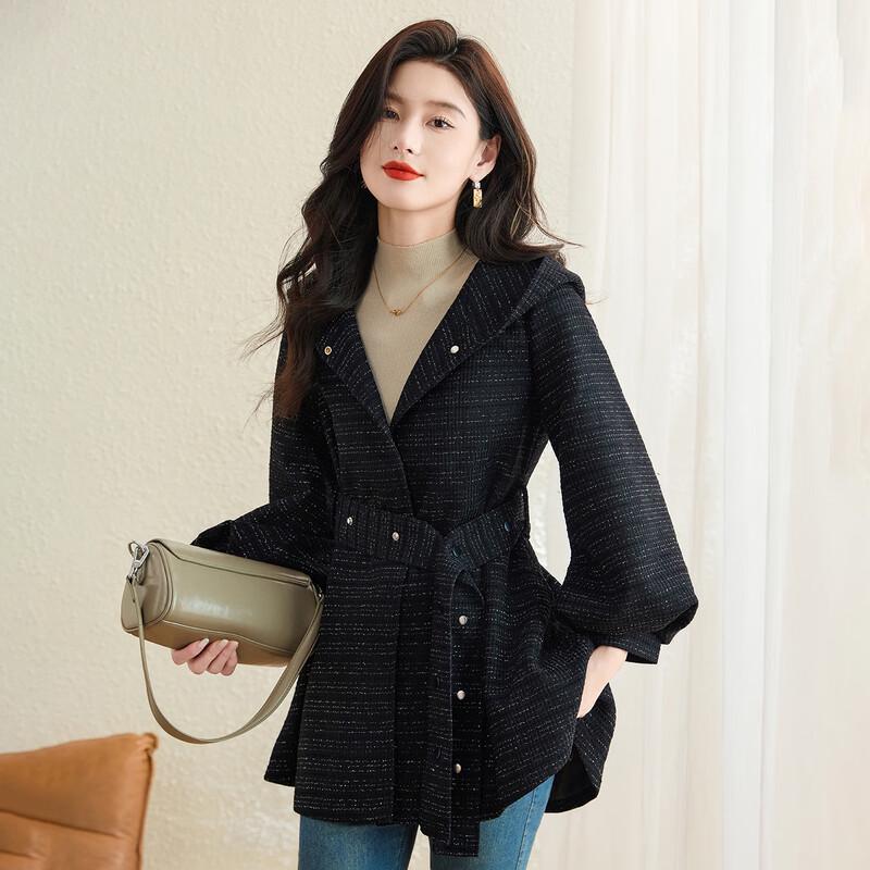 

Женский клетчатый короткий тренч KABEIER с капюшоном и поясом 3XL