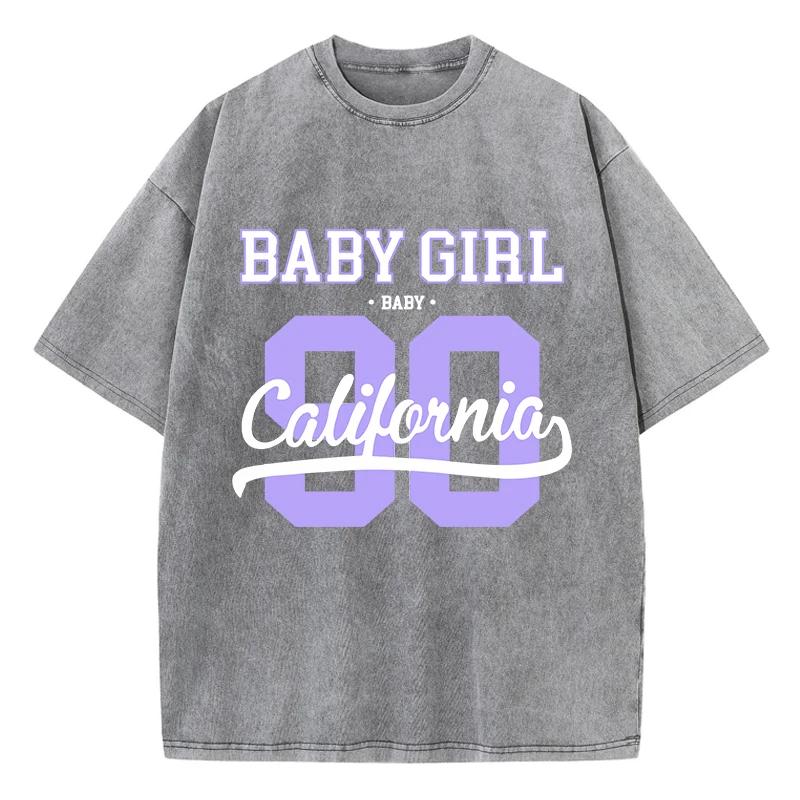 Street Womens Acid Wash T-Shirts 90 California Letter Printing Tees Oversize Crewneck Cotton Short Sleeve Summer Clothes