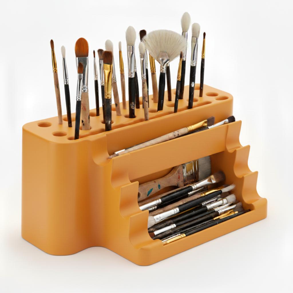 Paint brush organizer, orange stand with tray, 26 places