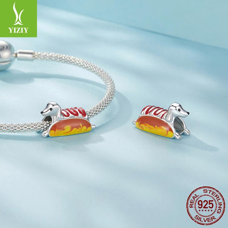 925 Sterling Silver Hot Dog Dachshund Dog Beaded, Playful Fun Puppy Diyc Accessories Charm