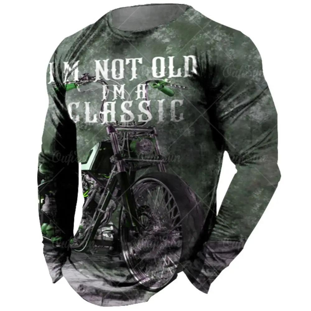 

Fashionable retro 3D motorcycle printed pattern men s round neck long sleeved T-shirt S