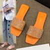 Glitter Slides Flat Shoes Female Woman's Slippers Low Square Toe Big Size Jelly  Summer Fabric Rome Rubber Crystal Sequined