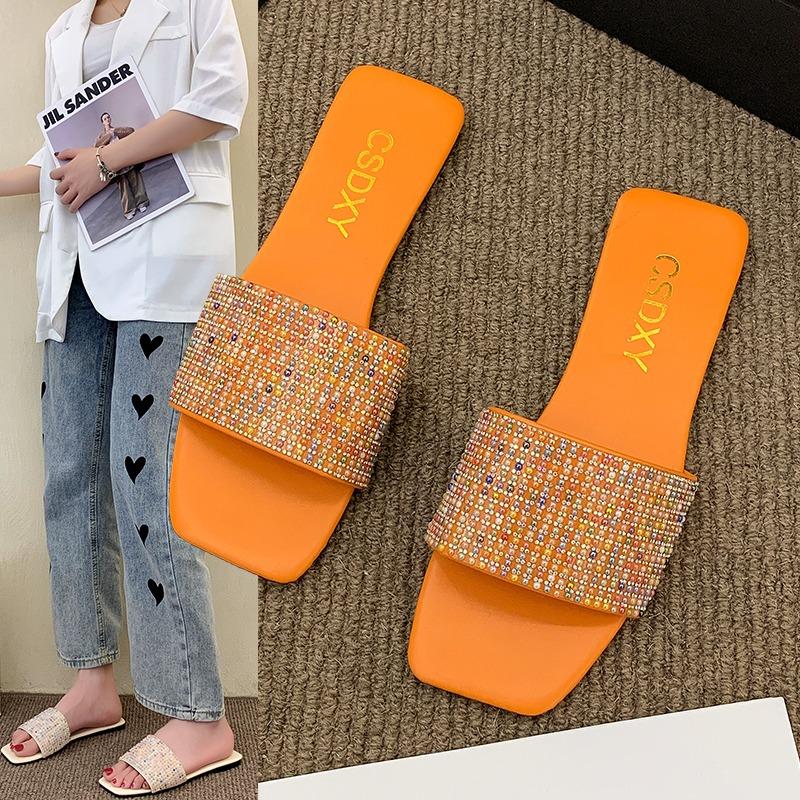Glitter Slides Flat Shoes Female Woman's Slippers Low Square Toe Big Size Jelly Summer Fabric Rome Rubber Crystal Sequined