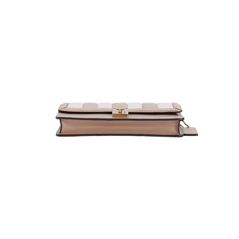 Coach Hutton Quilted Stripe Color Block Cowhide Leather Chain Bag Clutch Women's Milk Tea Color