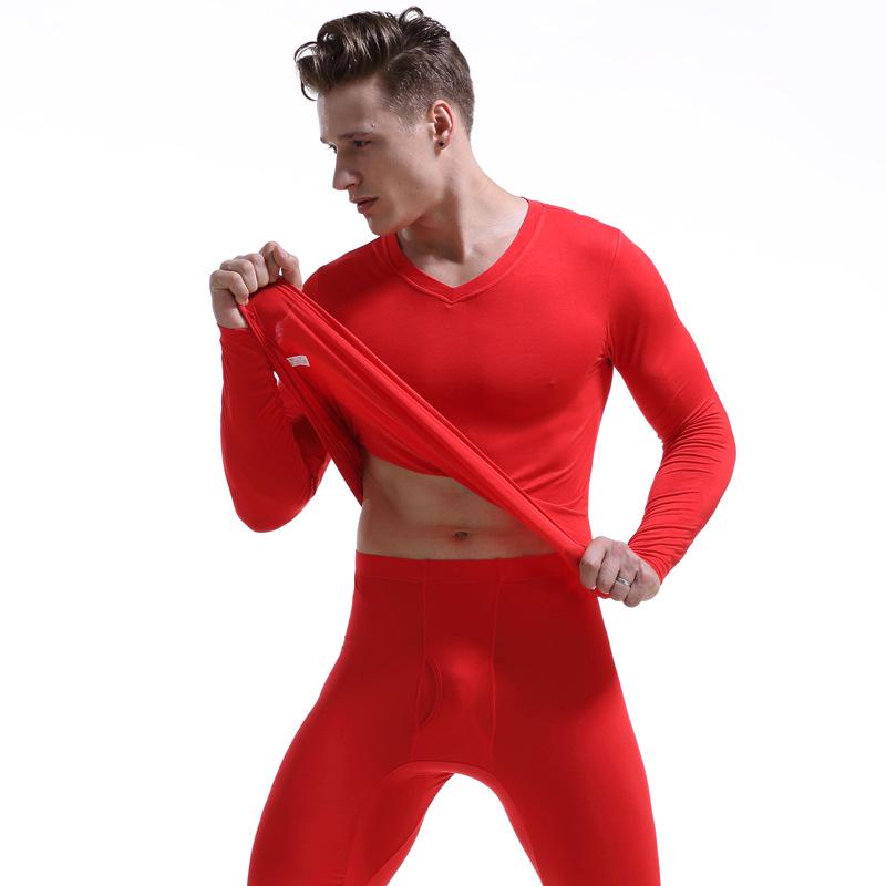Men's V-Neck Thermal Underwear Set: Modal, Cotton, Wool - Slim Fit, Plus Size Top & Bottoms for Autumn