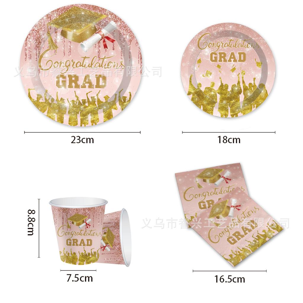 Graduation Season Party Tableware Disposable Paper Plates Tissue Supplies Pink Colorful Grad Graduation Ceremony