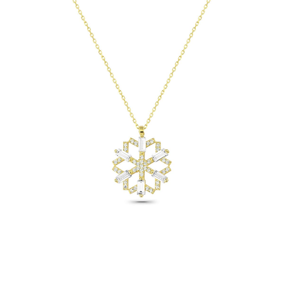 

Snow Flake Baget Zircon Silver Pendant Necklace Gold Plated