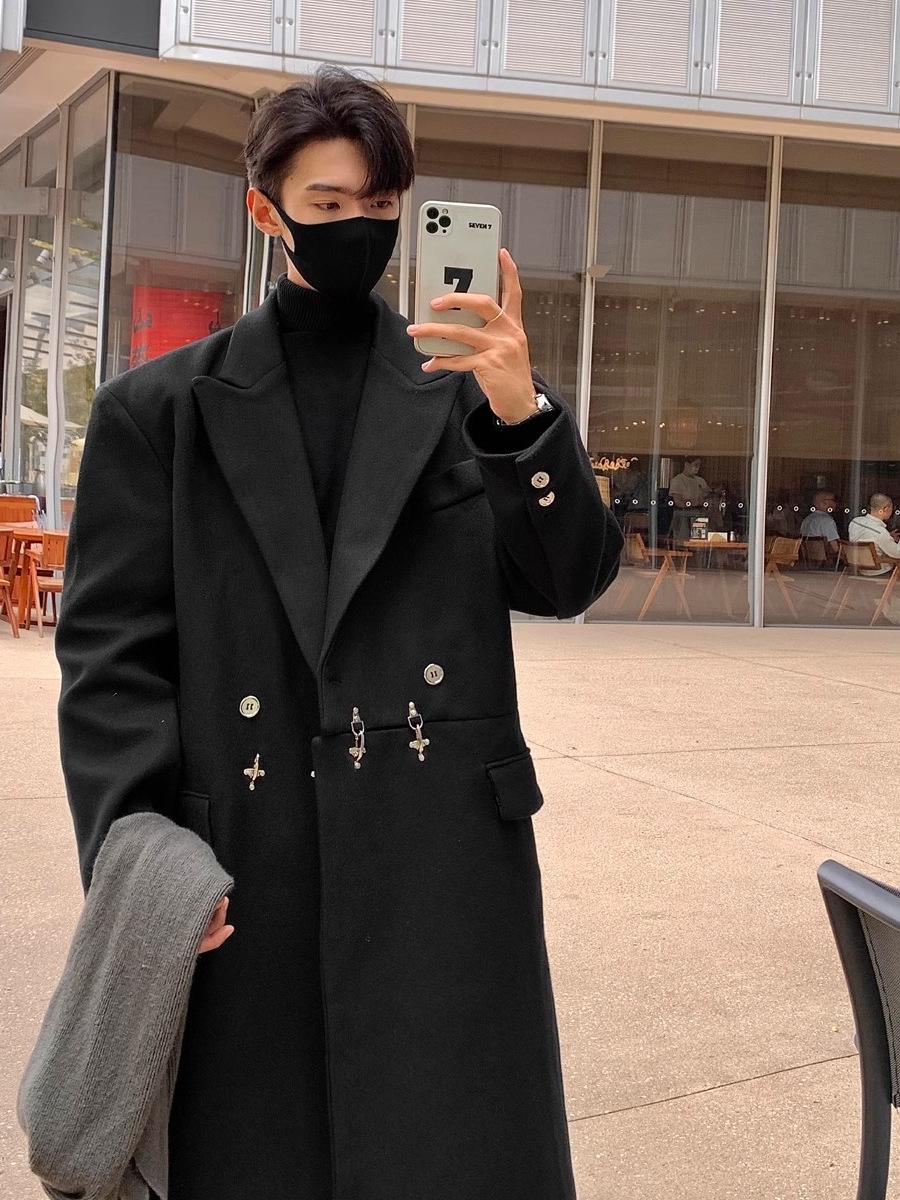 

Мужское шерстяное пальто-ветровка с воротником-стойкой - осень 2024 г., средней длины, модный дизайн выше колена XXL чёрный