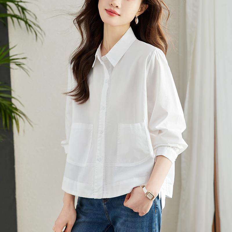 

White Shirt for Women Long-sleeved Spring Clothes New Small Niche Top Korean Cotton Shirt XXL білий