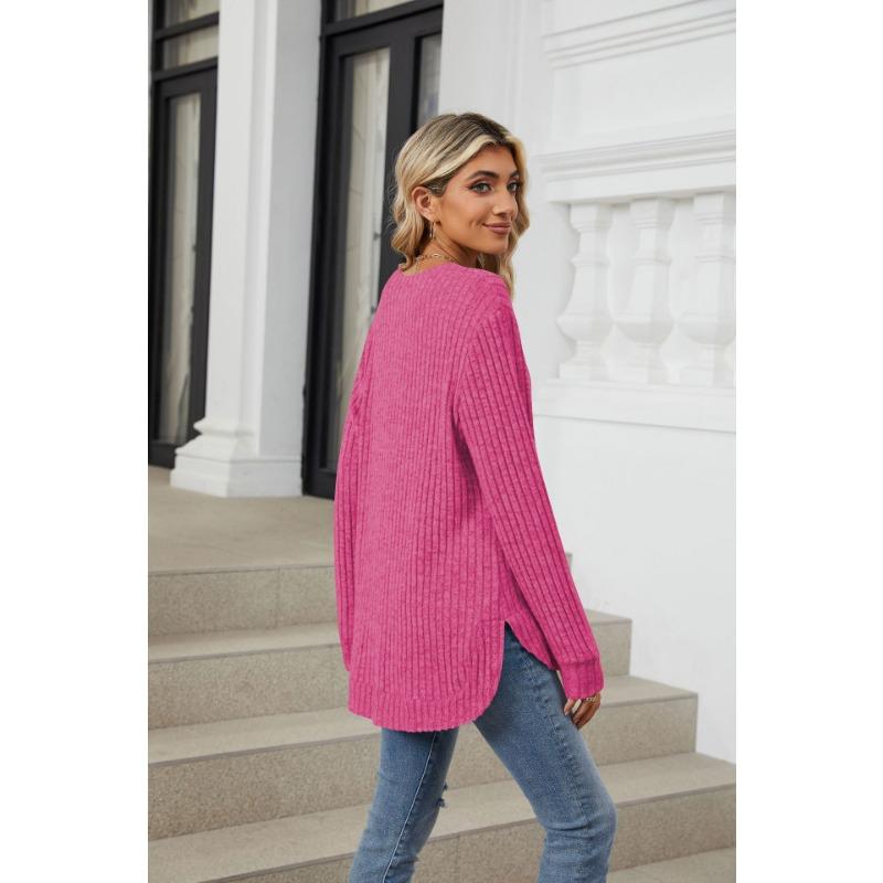 Herbst Damen Bluse Einfarbig Rundhals Gebürstet Locker Langarm Tops