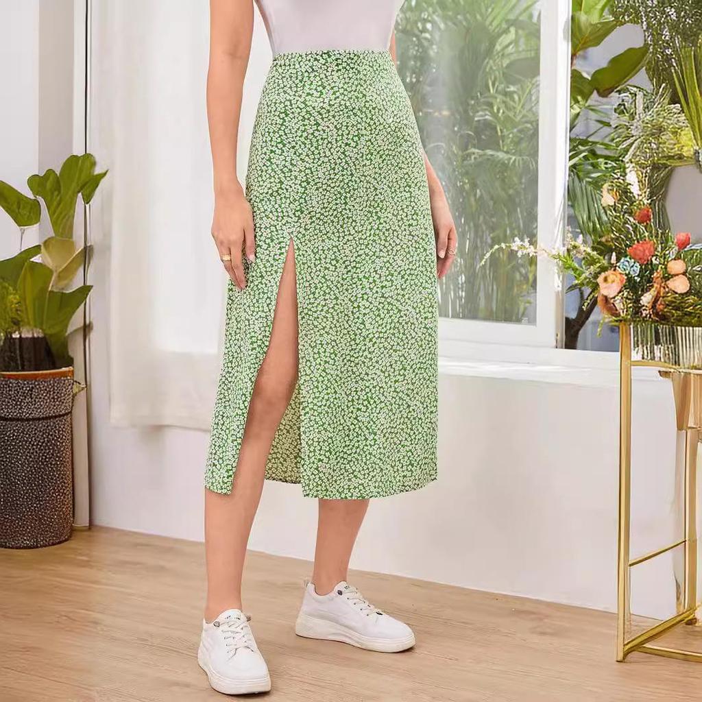 2025 Autumn Floral Print Slit A-Line Mid-Waist Long Skirt