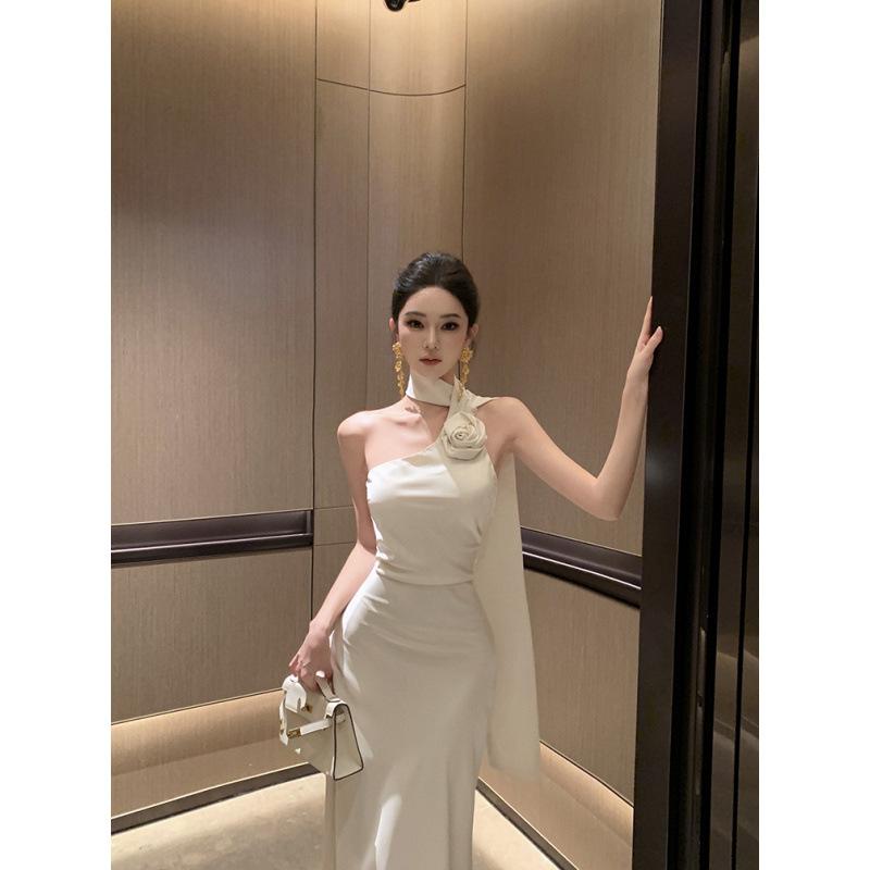 French Haute Sexy Slant Shoulder Neck Dress Women s Spring Temperament Celebrity Birthday Evening Dress Long Dress S шампанского