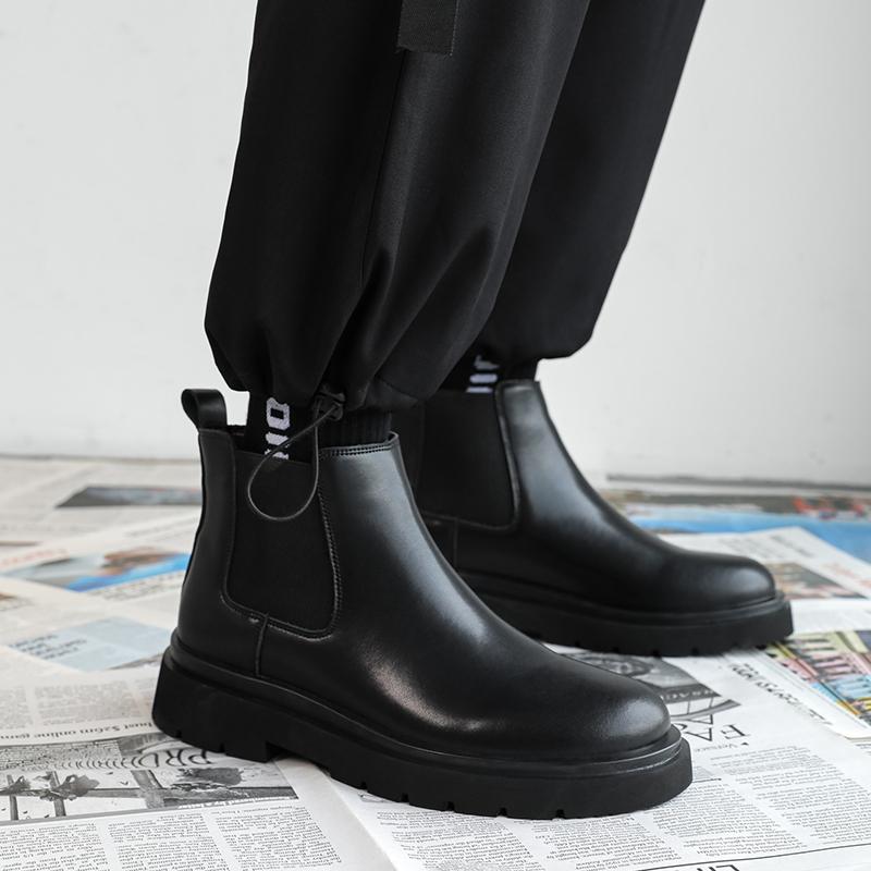 Fashion Leather Boots Lace Up Ankle Boots Low Heels Men Casual Platform Chelsea Boots Men's Boots Wedding Shoes Winter Plush