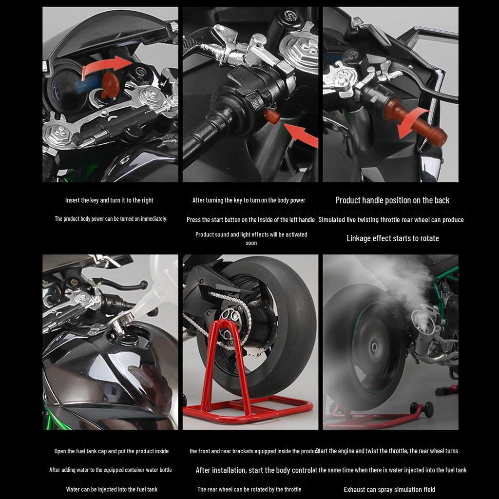 XLG Key Start 1:6 Kawasaki H2R Motorcycle Model with Ignition, Spray, and Sound Effects.