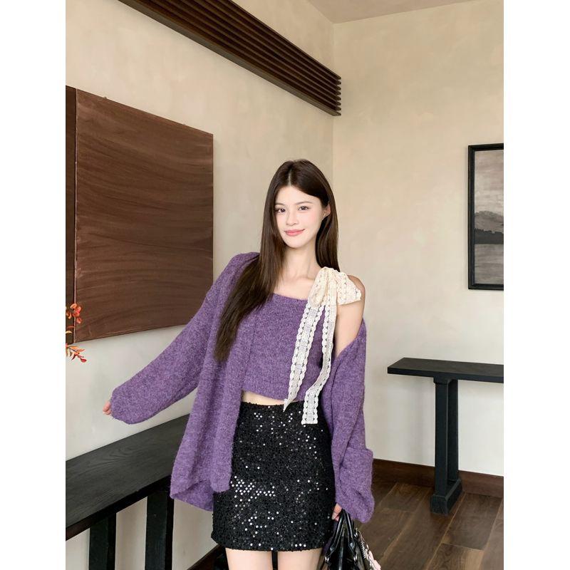 

Kumikumi Сладкий Комплект Мягкий Клейкий Вязаный Свитер Кардиган Женский Осенний Внутренний Наряд Кружево Кружевной Жилет на Шнуровке Комплект из Двух Предметов Purple Two-piece set L