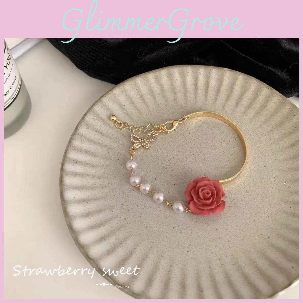 High-end Fashionable Red Rose Pearl Bracelet For Women With Geometric Design