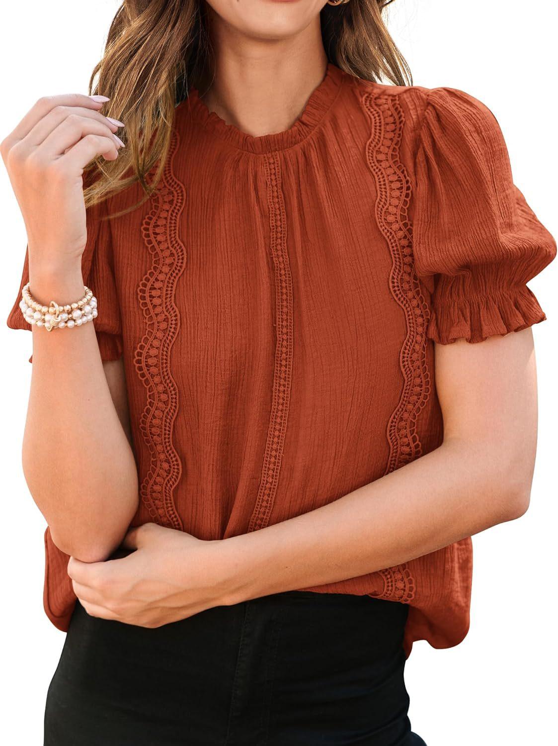 Women Lace Spliced Short Sleeve Summer Shirt S