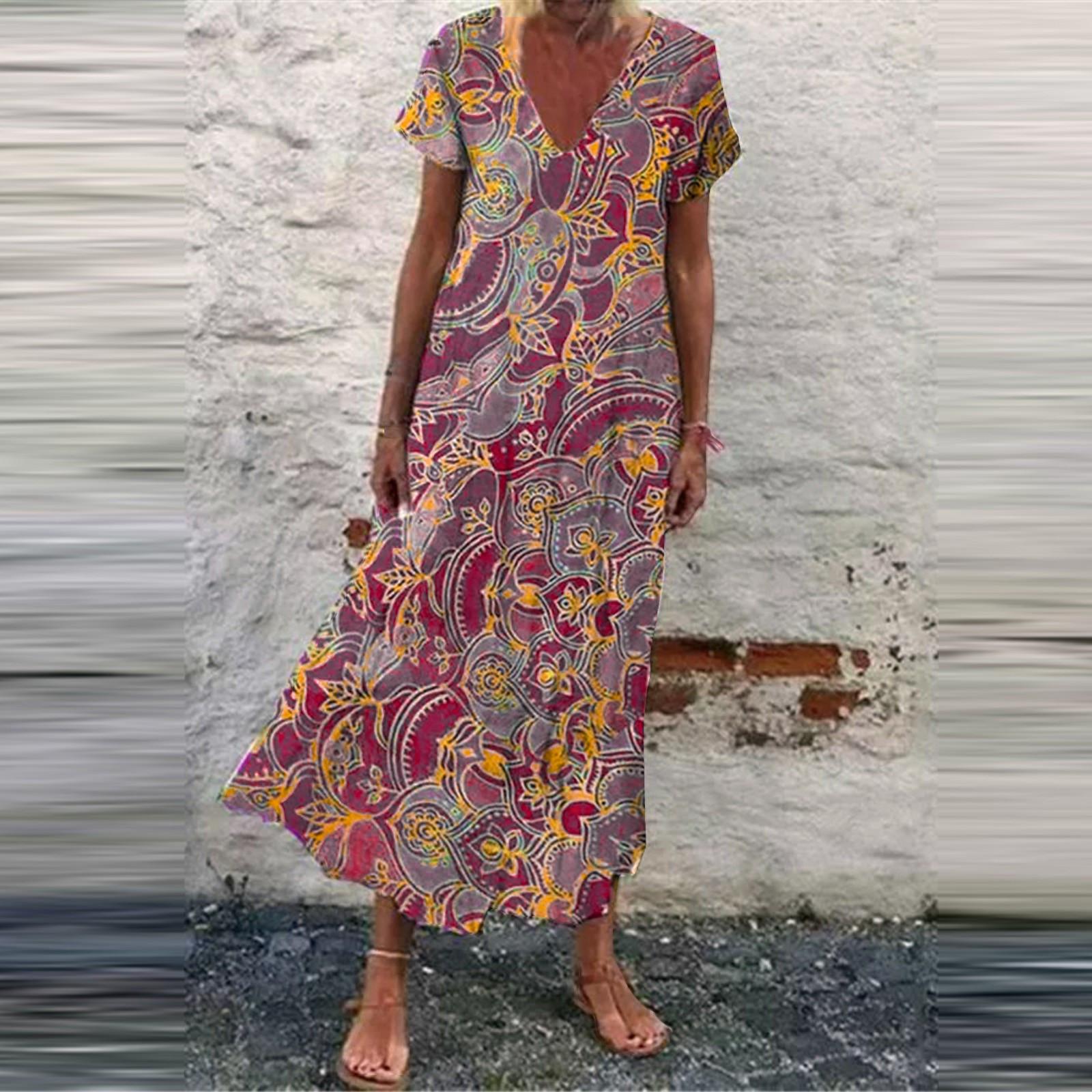 

Women s Short Sleeve Maxi Dress Casual Beach Summer Dress V Neck Printed Dress Elegant Dress Dress Loose Dress Boho Dress XL фиолетовый