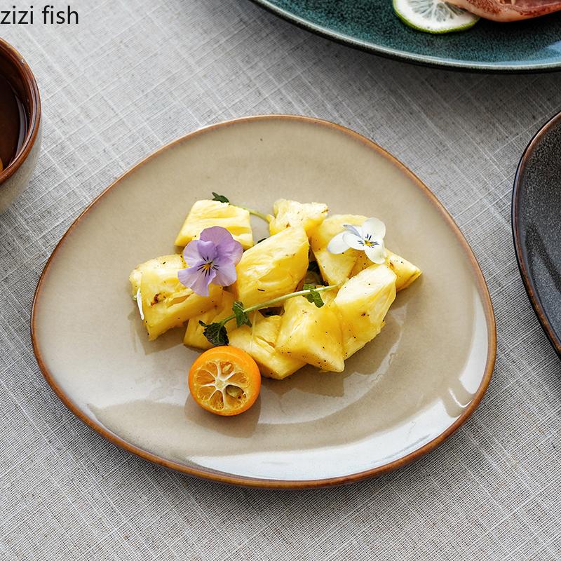 Kiln Changes Triangle Shallow Plate Ceramic Tableware Steak Plate Salad Plate Dessert Dish Dim Sum Dish Japanese Tableware