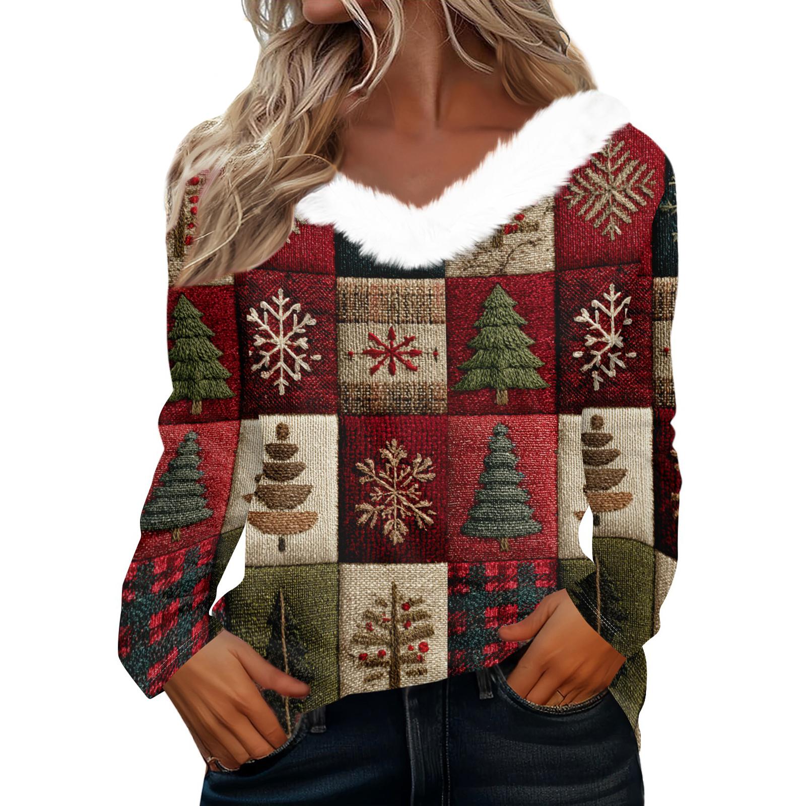 

Рубашки с длинным рукавом для женщин Милые топы Рождественские принты Футболки Блузки Повседневные топы больших размеров Базовые топы Пуловеры XL винный