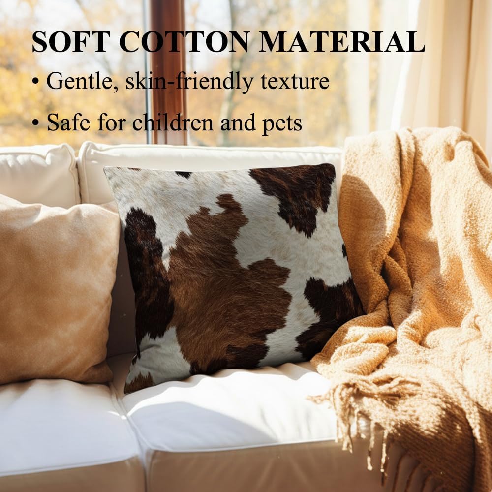 Western Throw Pillow Covers 18x18,Rustic Cow Print Pillows,Western Room Decor Brown Throw Pillows Covers for Counch Sofa Living Room