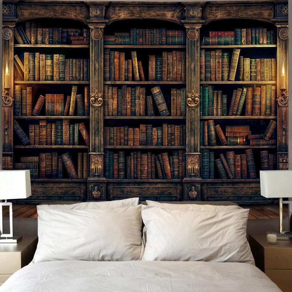 Retro Bookshelf Wall Tapestry, Vintage Books Study Library Tapestries for College Dorm Bedroom Magic Caslte Backdrop 36×48 inch