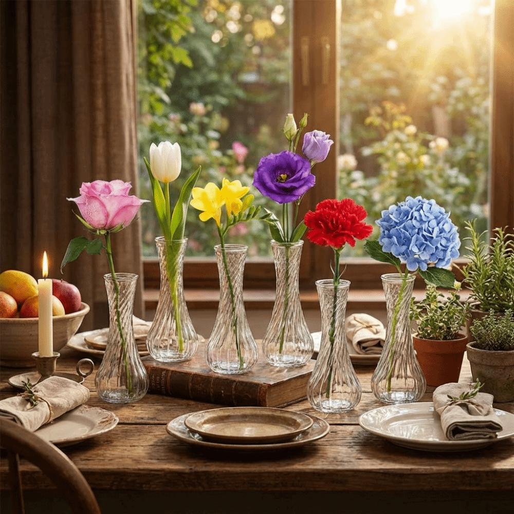 6PCS Vintage Clear Flower Vases Transparent Flower Holder Water Culture Vase  Desktop Adornment