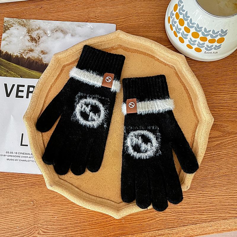 Knitted Wool Gloves Winter Warm Touch Screen Cute New Cartoon Cold-proof Men and Women Five-finger Label Style