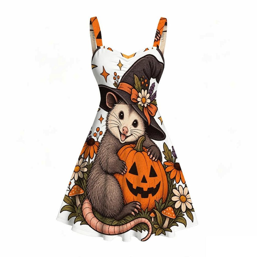 Women Plus Size Sleeveless Strappy Square Neck Halloween Western Pumpkin Printed White Flare Dress