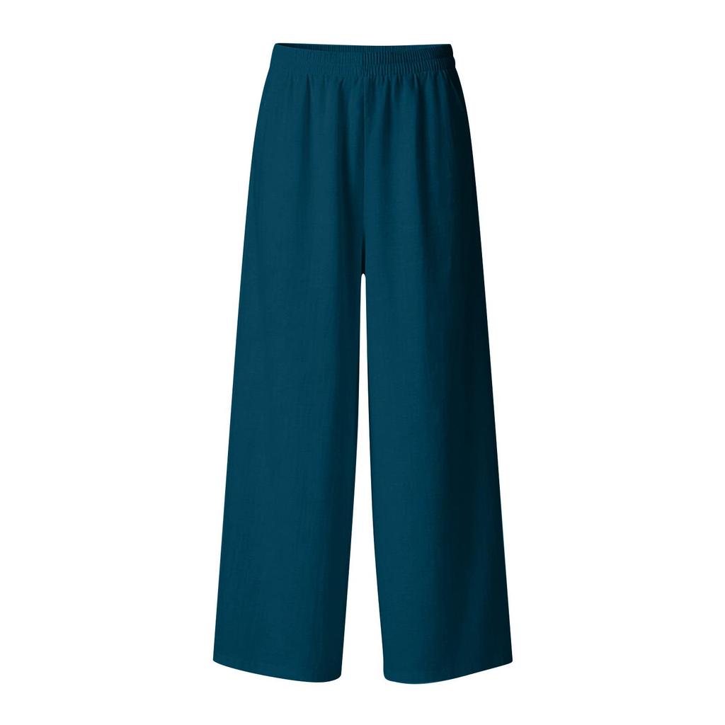 Women's Flowy Linen Wide-Leg Pants - Summer Beach Travel Wear with Elastic Waist & Pockets