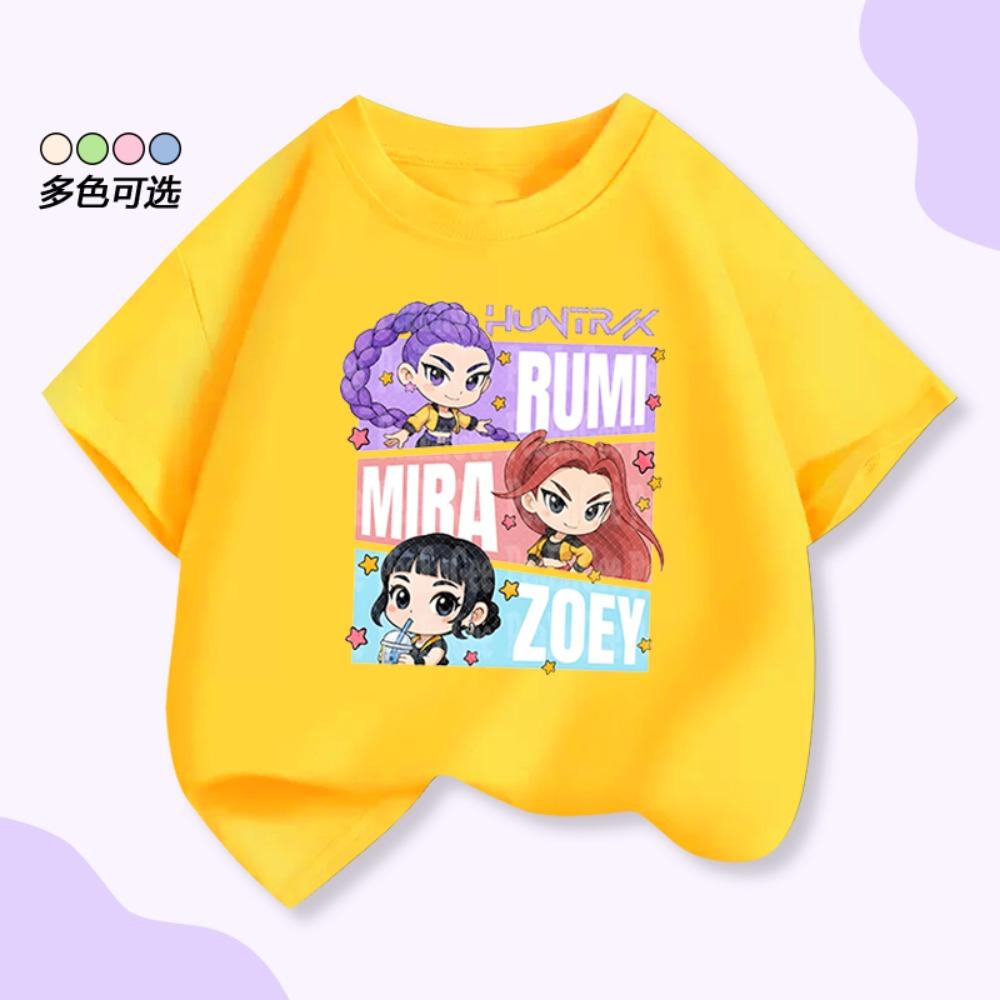 Summer children's 100% cotton short-sleeved Kpop Demon Hunters hunting girl group Mirazoyuriumi cartoon print T-shirt