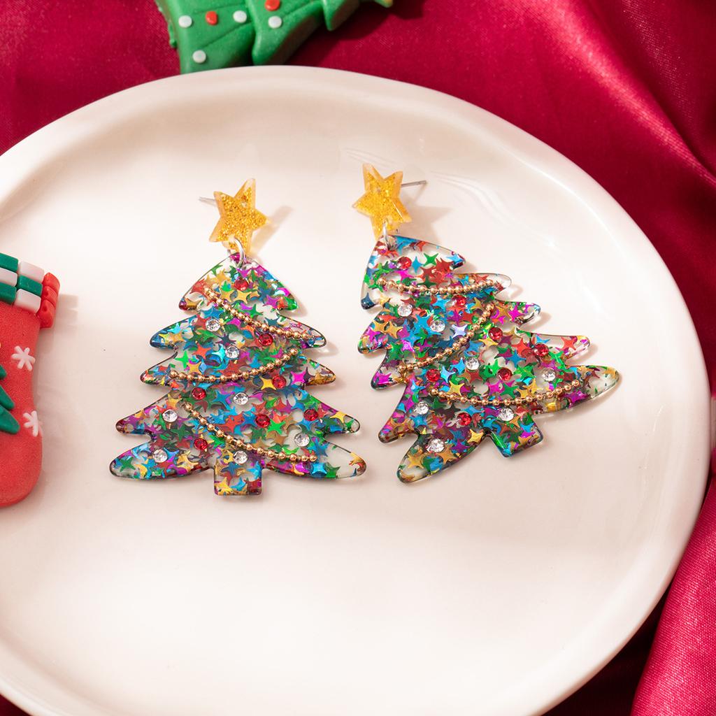 Christmas Fashion Trend Christmas Tree Diamond Bead Chain Earrings Delicate Sequins Stars Creative Design Earrings Women