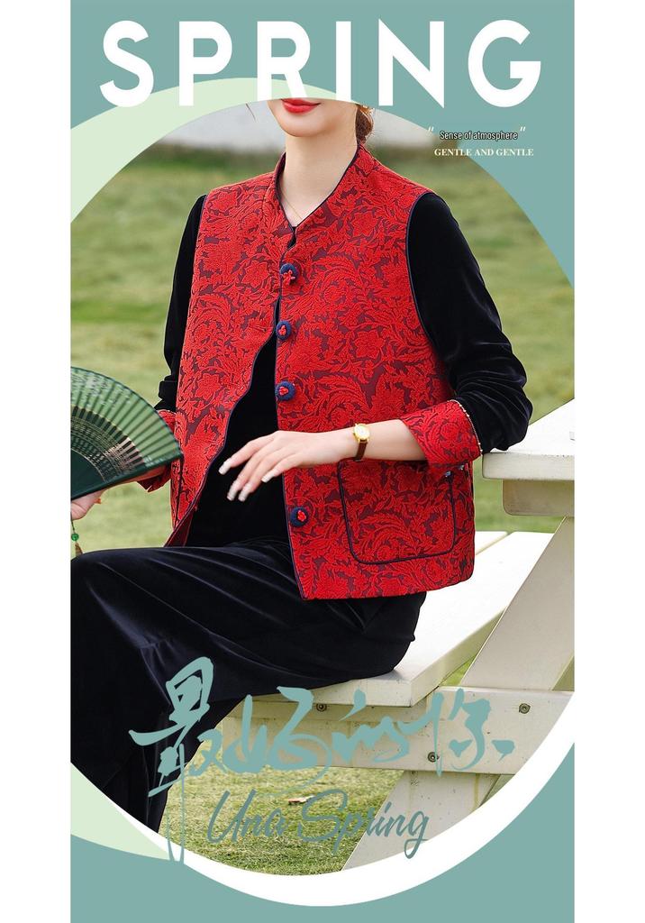 Spring Gold Velvet Suit - Chinese Zodiac Style for Middle-Aged Women