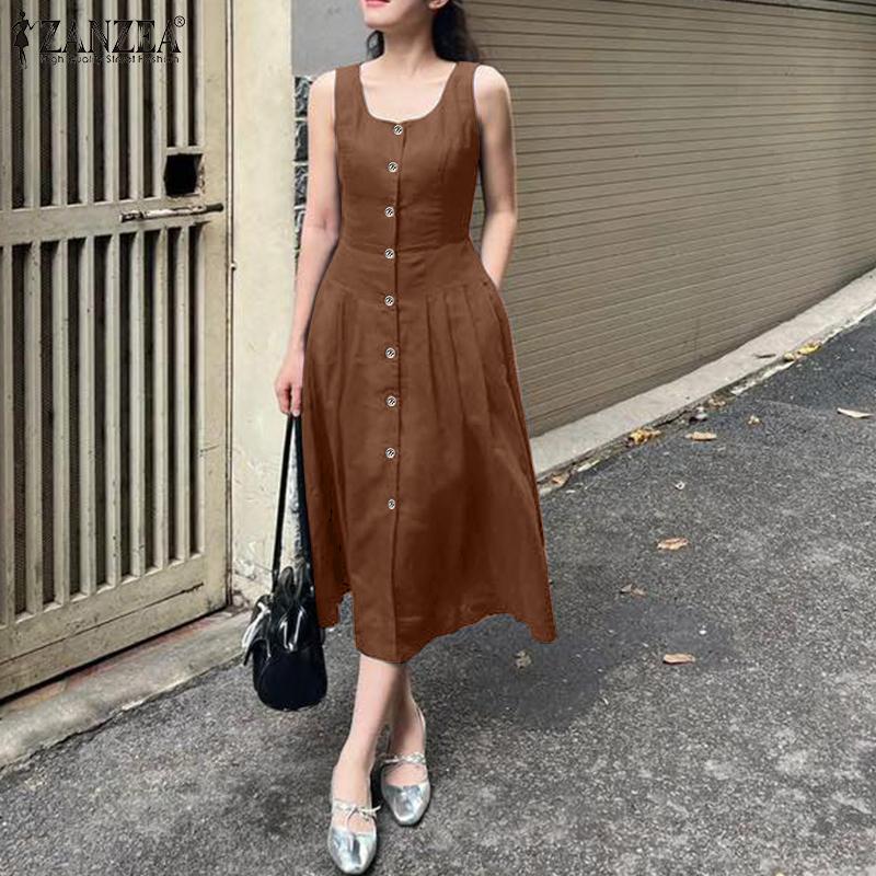 

ZANZEA Women Summer Casual U-Neck Loose Sleeveless Dress 5XL рожевий