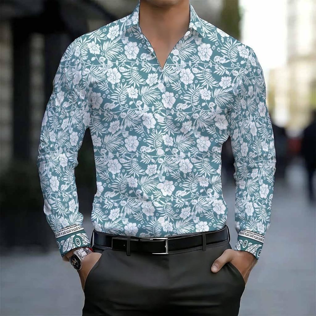 Chemise Homme à Col Jaune Imprimé Cachemire Diamant Floral Multicolore Manches Longues Boutonnée