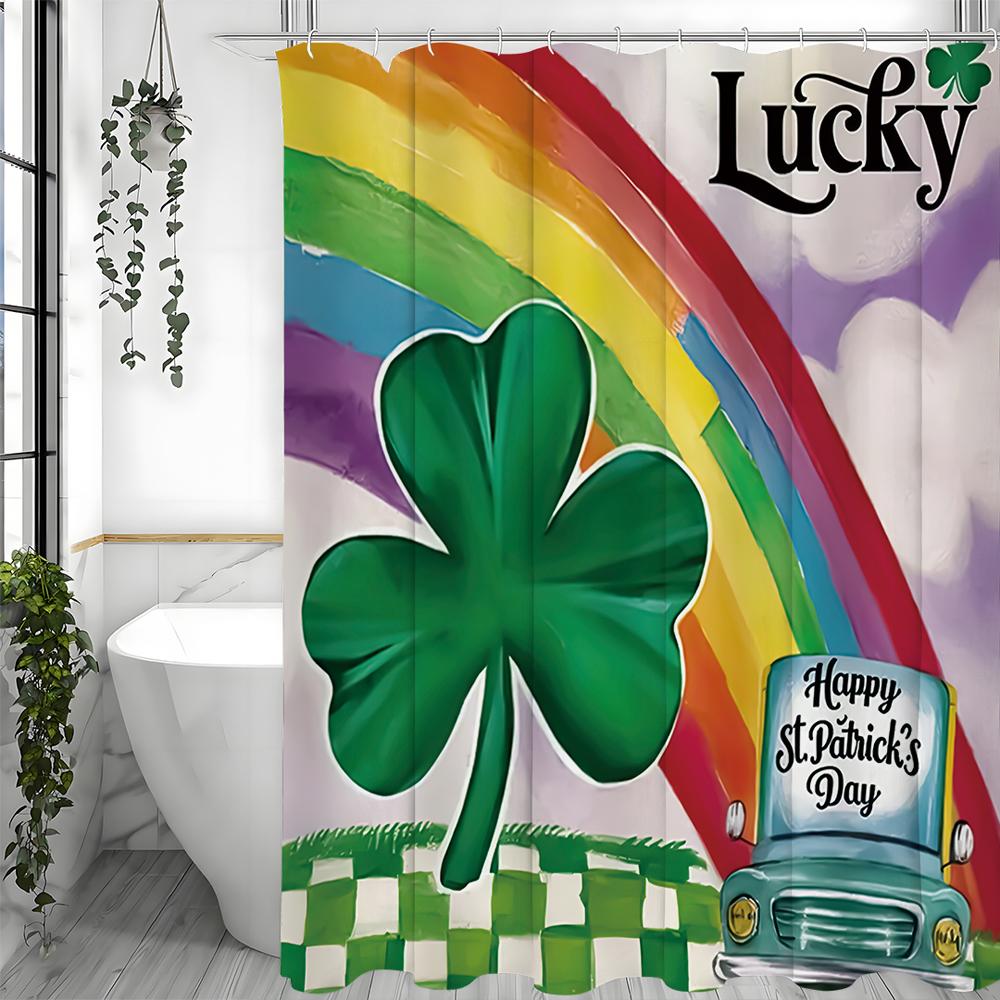 

St. Patrick s Day Happy Clover Rainbow Lucky Shower Curtain, Bathroom Decorative Shower Curtain, Waterproof Shower Curtain with 90*180cm
