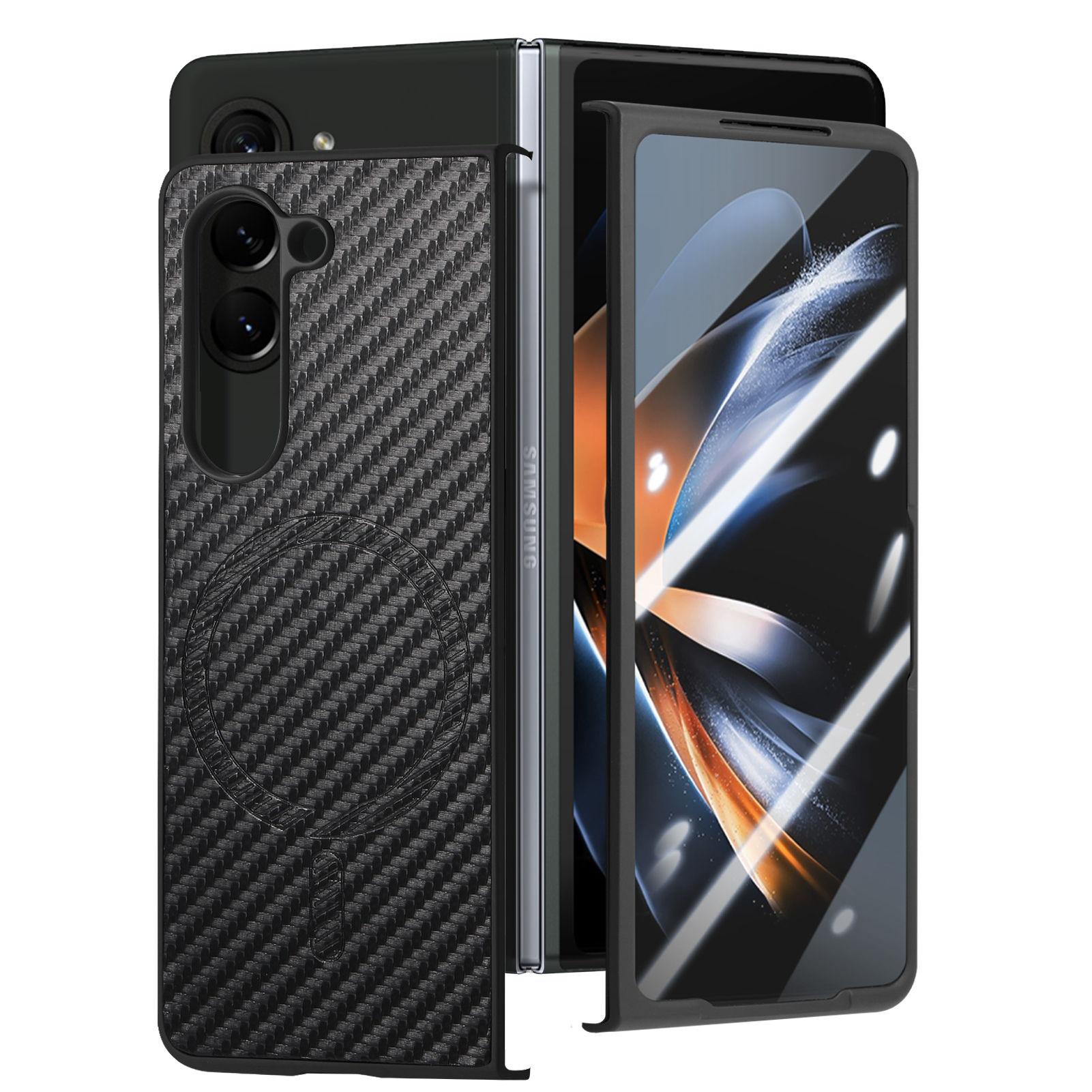 

Магнитный чехол для Samsung Galaxy Z Fold6 5G, кожаная крышка с текстурой углеродного волокна + ПК с защитной пленкой для экрана Black