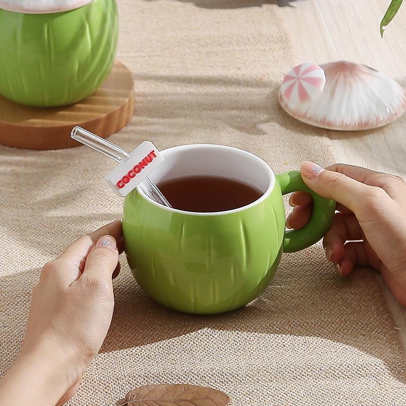 Creative Ins Style Summer Coconut Mug Girls Heart High Precision Cute Ceramic Cup Large Capacity Water Cup with Lid